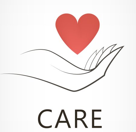 icon of heart hover in palm of a hand with the word care below it